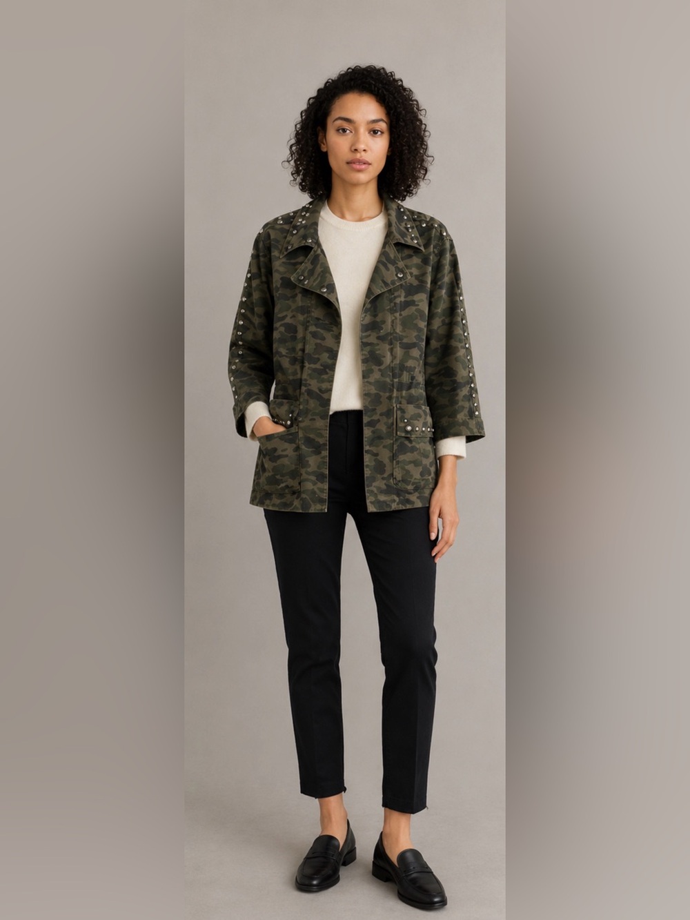 Rebecca Minkoff Studded Utility Field Jacket Camo Military Coat M Quiet Luxury